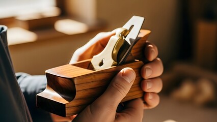 Close-up of a craftsman's hands holding and inspecting a traditional wooden hand plane