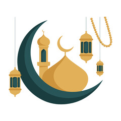 This vibrant illustration captures the essence of Ramadan, featuring a grand mosque with multiple teal domes and golden-brown walls, flanked by elegant minarets. Above the mosque, decorative tradition