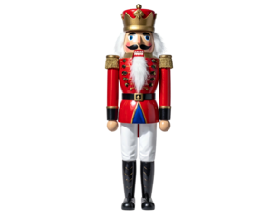 Standing wooden figurine of a soldier in red jacket, gold crown, white hair & trousers