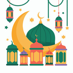 Beautiful ramadan celebration scene featuring mosque, lanterns, crescent moon and stars