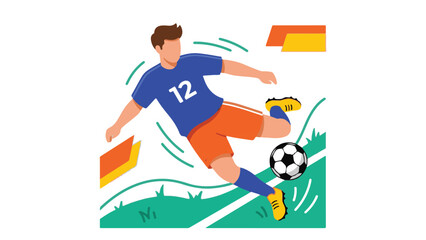 Dynamic male soccer player in action kicking a football