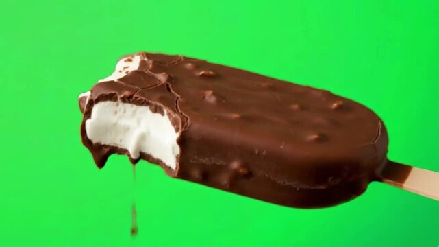 Ice cream video with melting chocolate and milk layers for a food commercial, green screen background, advertising assets,