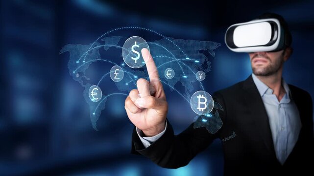 A businessman with a virtual reality headset engages with interactive currency symbols signifying a new era in digital finance and global commerce. Raster