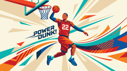 Dynamic graphic illustration of a basketball player performing a power dunk © StockStudio