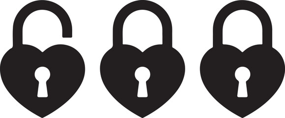 Locked and unlocked heart black icon set, valentine day symbol, heart shape lock silhouette, vector illustration