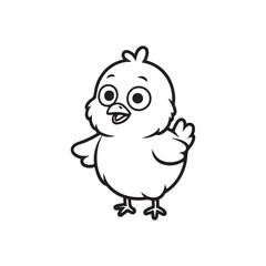 Fototapeta premium a charming black and white illustration of a small fluffy chick with an open beak and waving wing silhouette