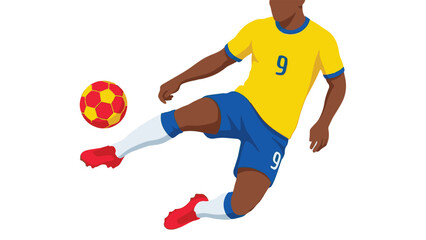 Soccer player in yellow and blue uniform kicking ball in mid-air
