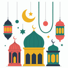 Beautiful ramadan celebration scene featuring mosque, lanterns, crescent moon and stars