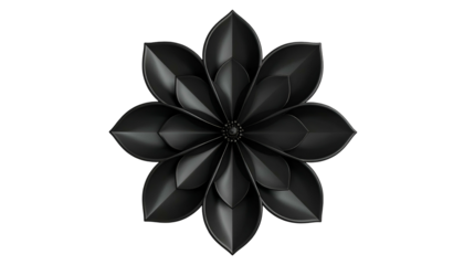 3D rendered, eight-petaled, glossy black flower on a stark, black background
