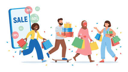 Happy diverse shoppers with bags and gifts celebrating a sale event