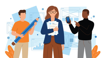 Creative team collaborating on digital design, app development, and technology