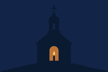 Silhouette of a church with a glowing candle in the window at night