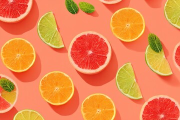 Fototapeta premium Fresh citrus fruits including grapefruit, oranges, and limes on a vibrant background