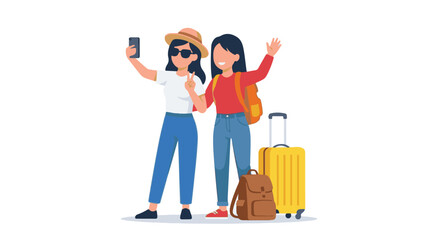 Two smiling women taking a selfie, ready for a summer travel adventure