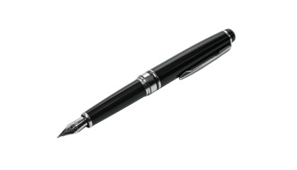 Gleaming, black and silver writing instrument isolated against a black background