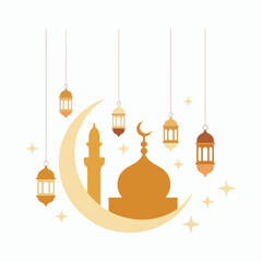 Beautiful ramadan celebration vector illustration with mosque dome, lanterns, and crescent moons