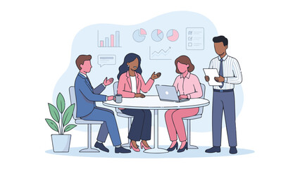 Diverse business team collaborating in a meeting, analyzing data and reports