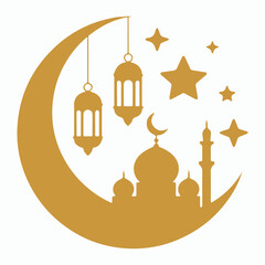 Beautiful ramadan celebration scene featuring mosque, lanterns, crescent moon and stars