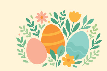 A beautiful illustration featuring pastel easter eggs surrounded by colorful spring flowers.