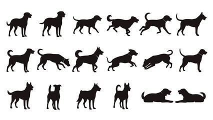 Collection of dog silhouettes in various poses and breeds