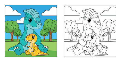 Cute cartoon dinosaur parent hugging baby vector illustration. Adorable blue and yellow dino characters sitting together in nature background with trees and blue sky for children book.