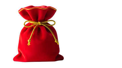 Red Velvet Drawstring Bag Tied with a Gold Cord: Isolated Transparent Christmas Gift Pouch