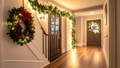 Festive hallway decorated with Christmas wreaths and garland, illuminated by warm lights