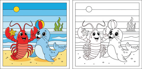 Cute cartoon lobster holding starfish and seal balancing ball on beach vector illustration. Happy sea animal friends playing together on sand in summer with ocean background for kids.