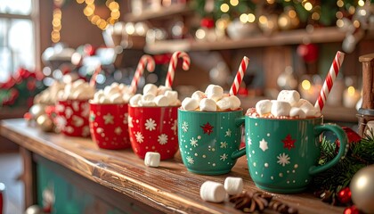 Cozy Christmas scene mugs of cocoa topped with marshmallows, candy canes, & decor