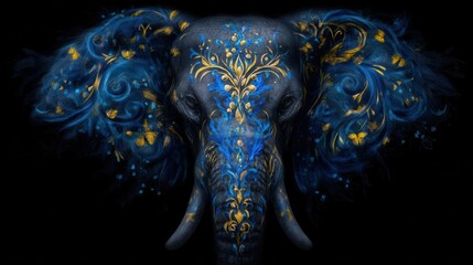 Majestic elephant head adorned with intricate blue and gold floral patterns, a mystical and artistic rendering