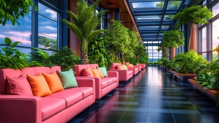 Modern rooftop lounge with lush greenery