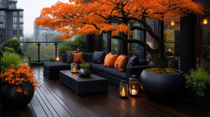 Modern rooftop patio with fall foliage