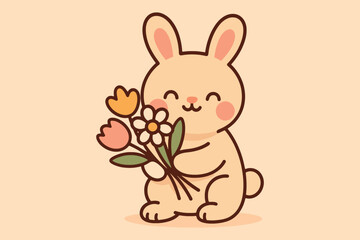 Adorable illustration of a happy cartoon bunny holding a beautiful bouquet of spring flowers