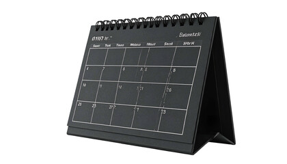 Angled, dark-toned calendar displays a month's dates with a wire spiral binding