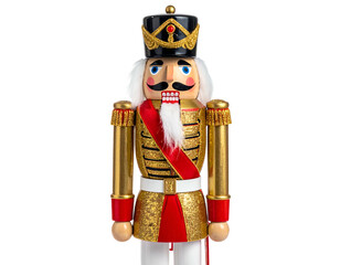 A detailed, isolated shot of a decorative wooden nutcracker soldier with gold accents