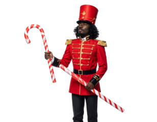 A person in a red uniform and hat holds a large candy cane against a black background