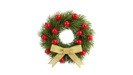 Christmas Wreath with Green Fir Branches, Red Berries, and a Gold Bow: Isolated Transparent Holiday Decoration