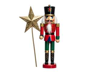A festive nutcracker soldier with a golden star-shaped wand against a black backdrop