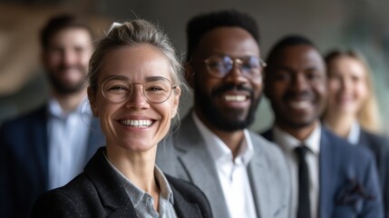 Obraz premium A group of five individuals is together standing in a line and smiling. They are dressed in business attire and appear to be enjoying their time at a work related gathering.