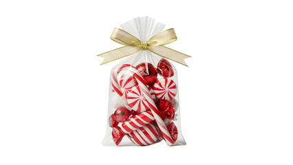 Clear Cellophane Bag Full of Red and White Christmas Candies Tied with a Gold Bow: Isolated Holiday Treat