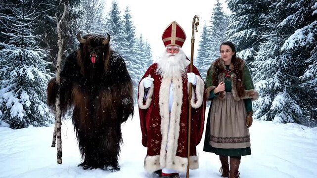 Saint Nicholas figure stands between a fearsome Krampus and a woman in snowy forest setting