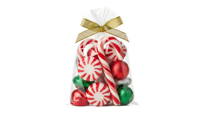Clear Cellophane Bag Full of Red, White, and Green Christmas Candies Tied with a Gold Bow: Isolated Holiday Treat Mix