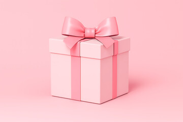 Fototapeta premium Closed pink pastel square gift box or present package with ribbon bow standing upright isolated on pink background 3d rendering mockup