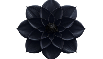 A photorealistic, centered, isolated black flower with numerous petals on a black background