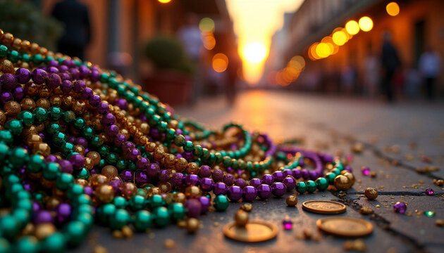 The cascading glow of real 7mm beads on a weathered sidewalk after sunset: rich purple, emerald green and gold metallic threads intertwined with doubloon fragments and glitter dust.
