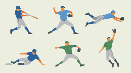 Obraz premium Baseball players in various action poses, flat design illustration set