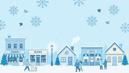 Winter town street scene with shops, people, houses, and falling snow