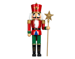 A tall, ornate Christmas figure, painted red, green, and gold, holding a star staff