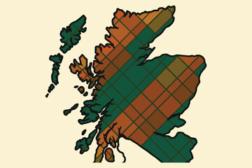 A stylised illustration of the map of scotland featuring a traditional tartan pattern in green and orange colors