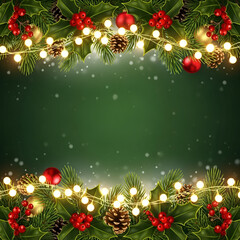 Green christmas background decorated with festive garland border and twinkling lights